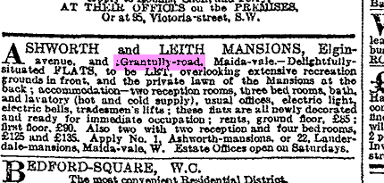 Ashworth & Leith Mansions, Advertisement in Times 1906